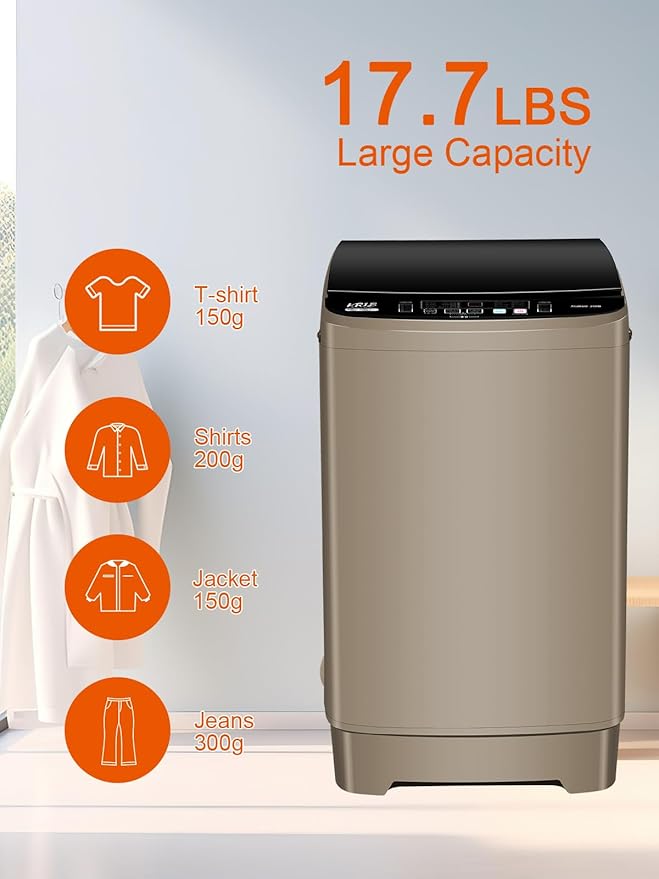 17.7 lbs Portable Washer Drain Pump, Full Automatic Washing Machine with LED Display, 10 Programs & 8 Water Levels Selections, Ideal for Camping, Apartment, Dorm, Glod