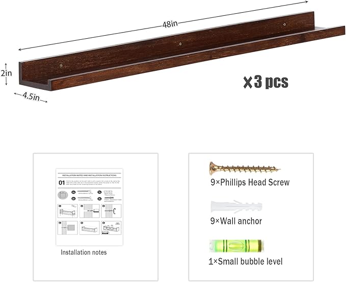 AZSKY Floating Shelves Deep Walnut for Wall Long Picture Ledge Shelf 48 Inch Beige Photo Ledge Shelves with Lip Wall Bookshelf for Kids Bedroom Living Room Bathroom Kitchen Wooden Spice Rack Set of 3