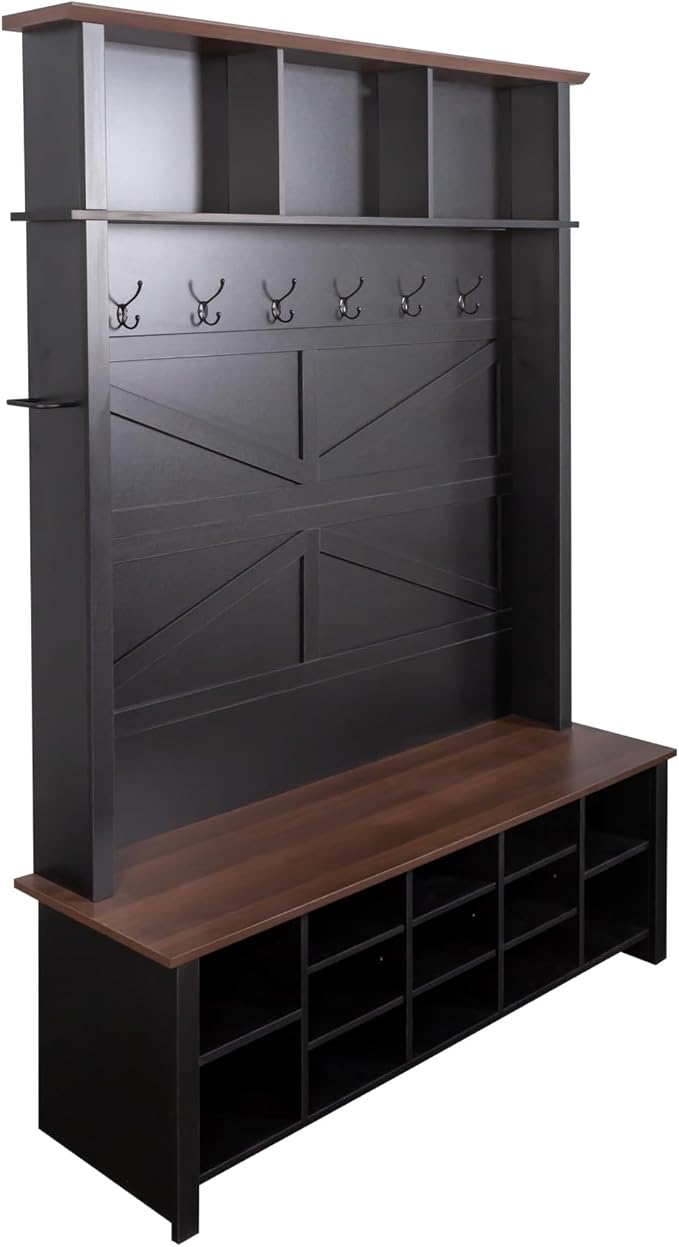 Ball & Cast 4-in-1 Hall Tree with 6 Hooks,Walnut Entryway Bench with Adjustable Shelves,Rustic Shoe Organizer with 16 Open Compartments,for Mudroom,Living Room,Hallway,Black