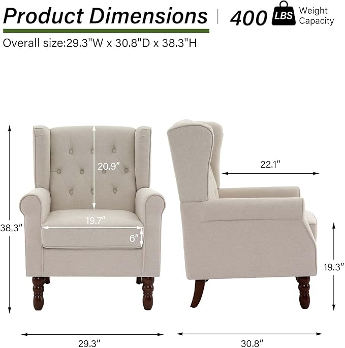 Accent Chair, Upholstered Armchair with Button Tufted High Back & Solid Wood Legs, Comfy Wingback Reading Single Sofa Chair for Small Spaces, Living Room, Bedroom