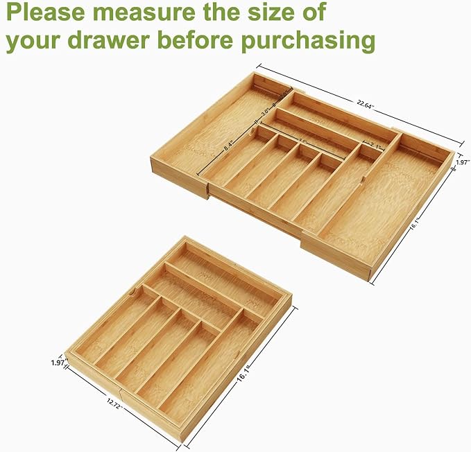 BAMEOS drawer organizer flatware organizer cutlery tray silverware organizer expandable adjustable bamboo drawer organizer kitchen bathroom