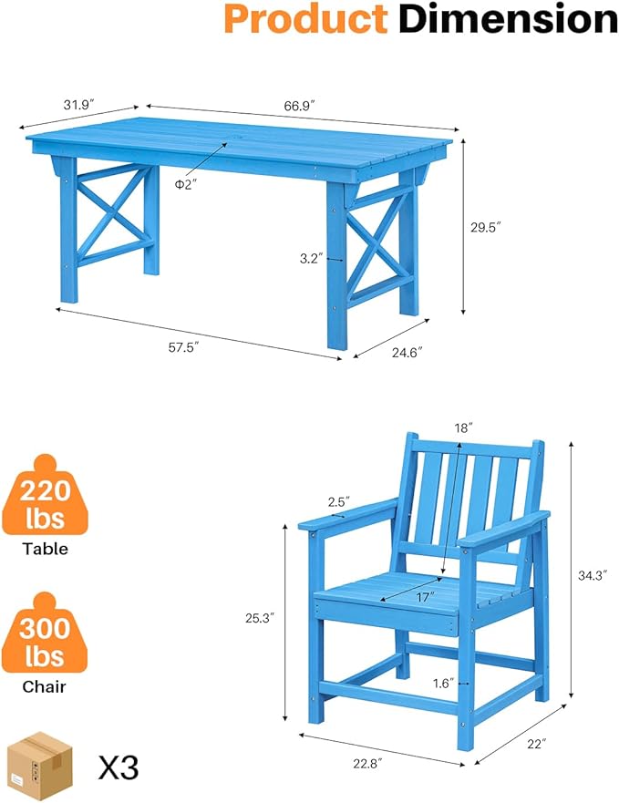7 Pieces HDPE Outdoor Dining Set, Patio Dining Set with Umbrella Hole, All Weather Outdoor Dining Table Sets for 6, HDPE Patio Furniture Sets for Deck, Backyard, Lawn, and Poolside, Sky Blue