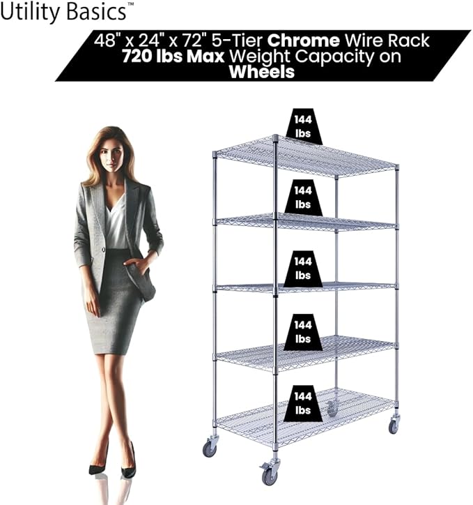48"x24"x72" Chrome 5-Tier PREMIUM Wire Shelving NSF 4000 LBS MAX CAPACITY Heavy Duty Steel Storage Rack for Warehouses, Garages, Hospitals, Commercial Spaces, & Schools w/PREMIUM WHEELS