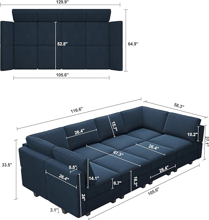 Belffin Modular Sectional Sofa with Storage Chaises Sectional Sleeper Sofa Couch 8 Seat Sectional Bed Blue