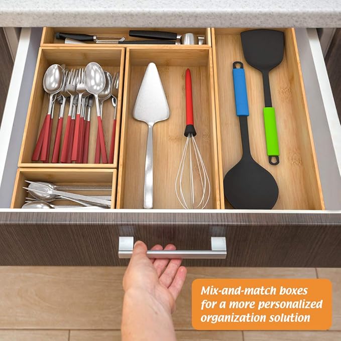 Bamboo Kitchen Drawer Organizer, Wooden Storage Box for Utensil Organizer Silverware Tray Cutlery Holder Flatware Containers - Multi-Use Deep Drawer Dividers Organizer for Bathroom, Jewelry, 12"6"2.5"