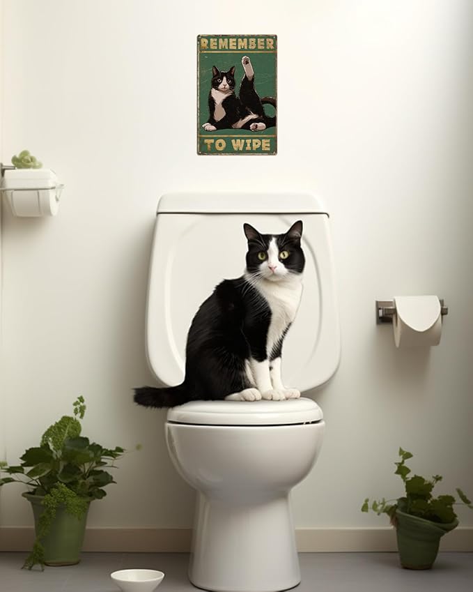 ALKB Bathroom Tuxedo Cat Sign - Remember to Wipe - Cat Lover Gift 8x12 Inch Vintage Metal Sign for Bathroom Decorations