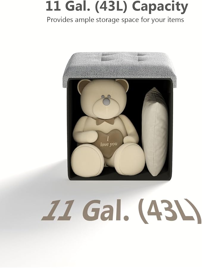 15 Inches Small Folding Storage Ottoman Cube, Storage Footrest, Foot Rest Stool, for Living Room, Bedroom, Dorm, Hallway, Entryway, Light Gray