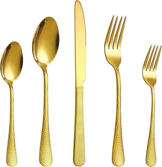 40 Pcs Gold Silverware Set for 8 with Hammered Design, Food Grade Stainless Steel Flatware Set, Eating Utensils Sets Include Fork/Knife/Spoon, Cutlery Set, Dishwasher Safe