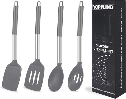 5-Piece Silicone Kitchen Tool Set, BPA-Free, Heat-Resistant, Non-Stick & Dishwasher-Safe, with Slotted/Solid Spoons & Spatulas for Frying, Mixing, Draining – Includes Multi-Purpose Serving Hook(Gray)