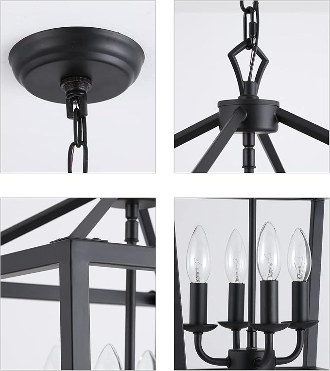 AMZASA Farmhouse Rustic Black Lantern Chandelier Hanging Light Fixture 4-Lights for Kitchen Island Dining Room Hallway Entryway Foyer UL Listed