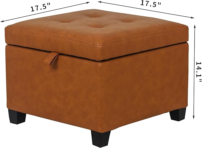 Adeco 17.5" Faux Leather Storage Ottoman with Hinged Lid, 14 Inch High Square Cube Foot Stool with Storage, Upholstered Vanity Stool with Solid Wood Legs for Living Room, Bedroom, Dorm (Warm Orange)