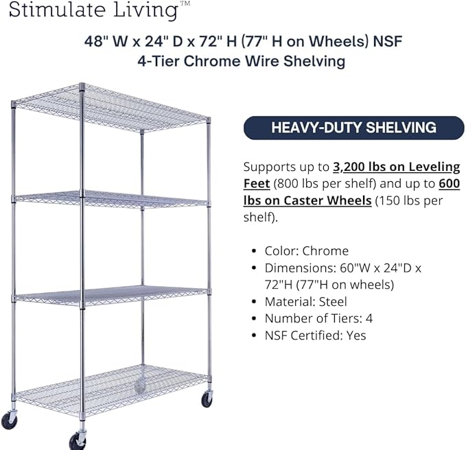48"x24"x72" Prime Heavy Duty Chrome 4-Tier Wire Shelving NSF 3200 LBS MAX Capacity Storage Rack for Commercial, Hospital, School, Garage, and Kitchen Uses (with Wheels)