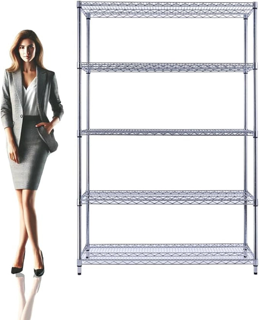 48"x24"x72" Chrome 5-Tier PREMIUM Wire Shelving NSF 4000 LBS MAX CAPACITY Heavy Duty Steel Storage Rack for Warehouses, Garages, Hospitals, Commercial Spaces, & Schools w/PREMIUM WHEELS