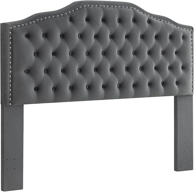 24KF Upholstered Button Tufted Queen/Full Size Headboard with Nailhead Trim, Soft Velvet Fabric - Dark Gray