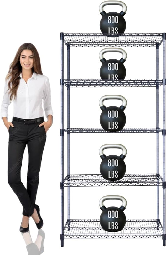 36"x18"x72" Prime Heavy Duty Black 5-Tier Wire Shelving NSF 4000 LBS MAX Capacity Storage Rack for Commercial, Hospital, School, Garage, and Kitchen Uses (with Wheels)