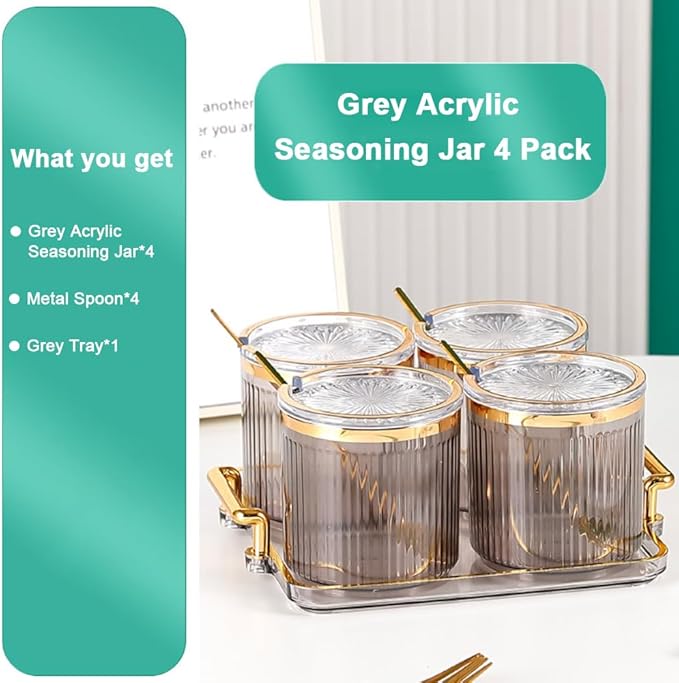 Acrylic Condiment Spice Jars,Condiment Spice Box With Lids and Spoons and Tray,Clear Plastic Condiment Canisters,Seasoning Box 4 Pack,Seasoning Box Set for Kitchen to Storage Salt,Paprika,Sugar