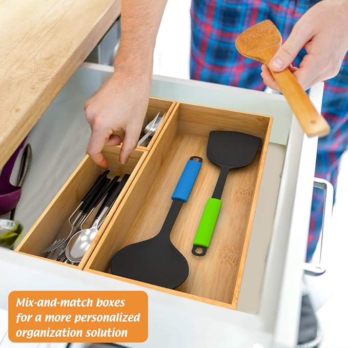 Bamboo Kitchen Drawer Organizer, Wooden Storage Box for Utensil Organizer Silverware Tray Cutlery Holder Flatware Containers - Multi-Use Deep Drawer Dividers Organizer for Bathroom, Jewelry, 9"3"2.5"