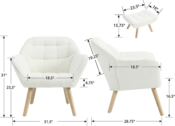 Modern Sherpa Accent Chair with Ottoman Set of 2, Fluffy Upholstered Lounge Chair with Footrest, Comfy Living Room Side Boucle Armchair for Small Space Bedroom, White