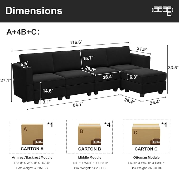 Belffin Modular Sectional Sofa Couch with Reversible Chaise Velvet L Shaped Couch Sofa with Storage 4-seat Convertible Sectional Sofas Black