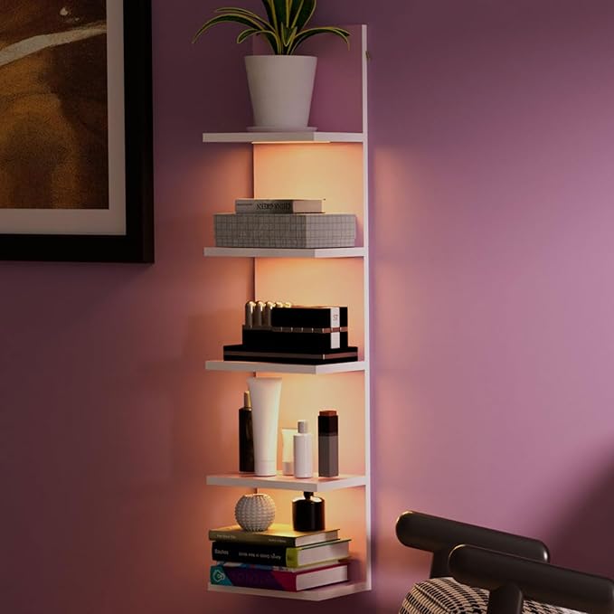 5 Tier Wall Shelf Unit,Modern Vertical Lack Wall Shelves with Light, Wall Mount, Floating Column Home Decor Shelves for Bedroom, Living Room, Vanity Storage Display(Pink)