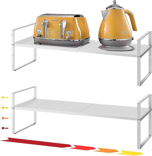 16.5~27.1" Expandable Shelf Organizer, 2Pack 8.1" Wide Stackable Cabinet Shelf Organizers, White Metal Sturdy Kitchen Counter Storage for Countertop, Adjustable Height Spice Rack