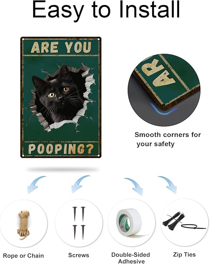 ALKB Are You Pooping Signs Funny Black Cat Sign for Bathroom Wall Decor, Vintage Cat Gift 8 x 12 Inch