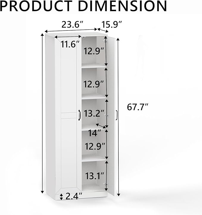 71" Tall Pantry Cabinet/Storage Cabinet, Wood Cupboard with 2 Door and 3 Adjustable Shelves for Kitchen, Dining Room, Living Room, Bathroom (Style 2)
