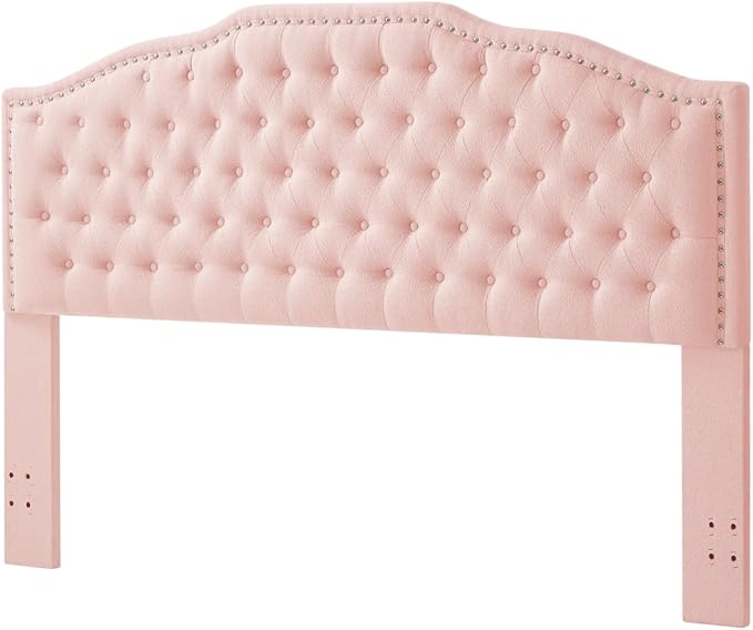 24KF Upholstered Button Tufted King Size Headboard with Nailhead Trim, Elegant Boucle Fabric California King headboard, 6031-K-Boucle-Pink