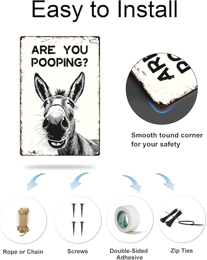 ALKB Funny Donkey Are You Pooping Metal Signs Vintage Farmhouse Bathroom Wall Decor Donkey Lovers Gift 8 x 12 Inch