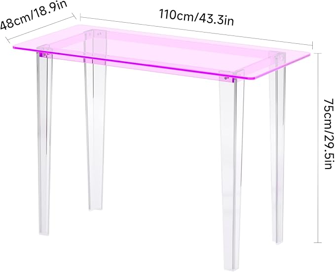 Acrylic Desk, Modern Study Table for HomeOffice-Extended Surface Multi-Purpose Console & EntrywayTable, Sturdy Lightweight Design（(42.5-inch, Pink)