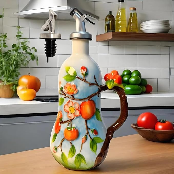 18 Oz Hand Painted Relief Ceramic Olive Oil Bottle Dispenser for Kitchen, Oil and Vinegar Bottle, Seasoning Bottle with Stainless Steel Nozzle, 540mL Oil Container with Handle for Cooking, Light Proof