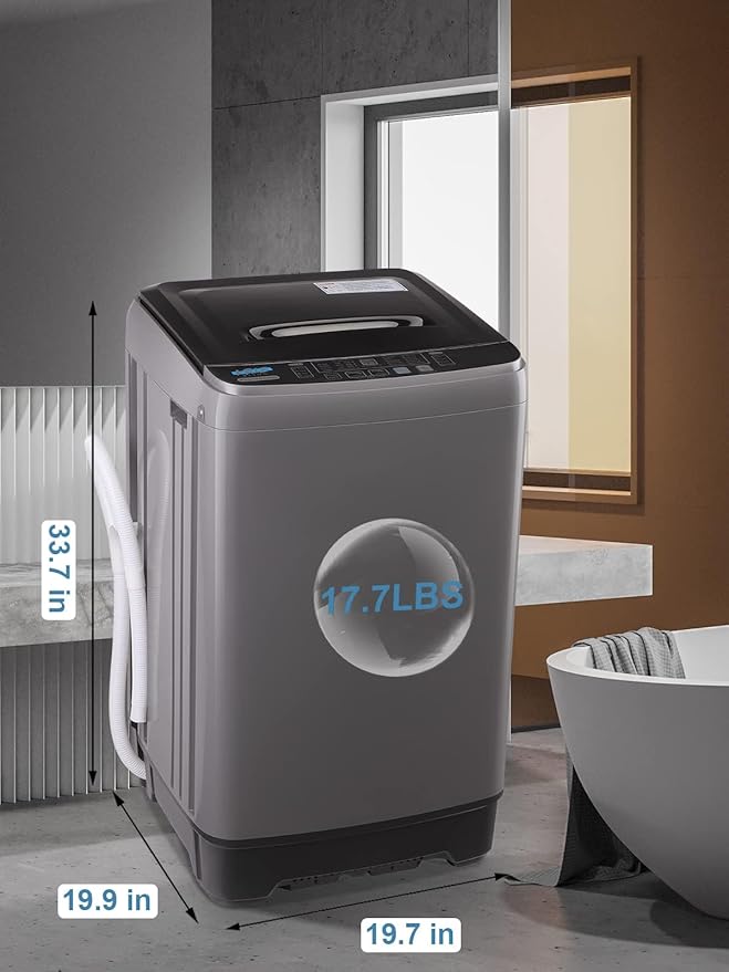 17.7 lbs Full Automatic Washing Machine with LED Display Compact Drain Dump, 10 Wash Programs and 8 Water Levels Ideal for Dorms, Apartments, RV, Grey (KB03-GREY6-3)
