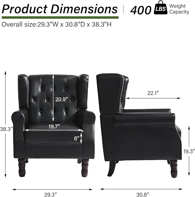 Accent Chair, Upholstered Armchair with Button Tufted High Back & Solid Wood Legs, Comfy Wingback Reading Single Sofa Chair for Small Spaces, Living Room, Bedroom (Leather Black, Set of 1)