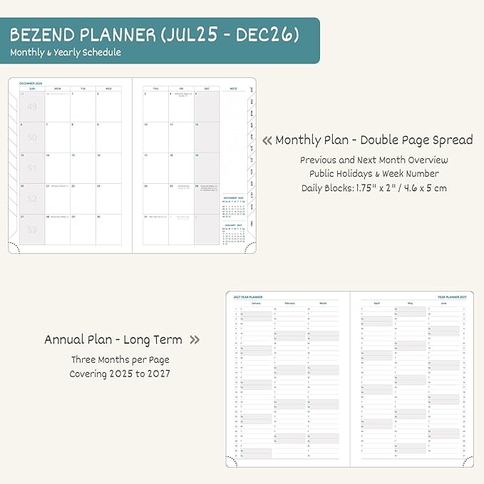 BEZEND Planner 2025-2026 Weekly and Monthly, 8.5" x 11" Academic Calendar (Jul 25-Dec 26) Vertical Daily Appointment with Hourly Timeslot & Monthly Tab, PU Leather Hardcover - Mint Green