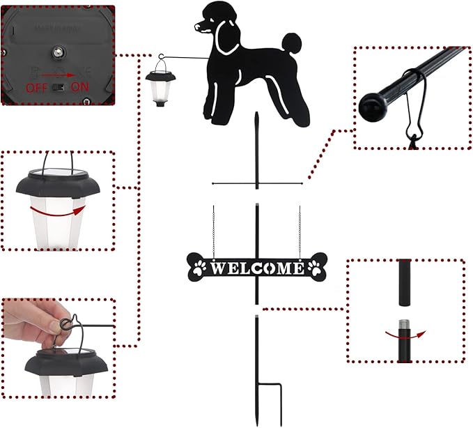 BAYN Solar Poodle Garden Stakes Decorative with a Lantern Dog Silhouette Welcome Sign Outdoor Garden Decor for Yard, Lawn, Patio, Pathway