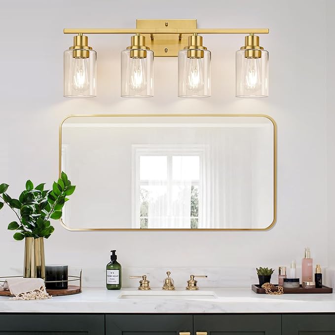 4-Light Vanity Lights with Clear Glass Shades, Brushed Gold Bathroom Light Fixtures Over Mirror, Modern Bathroom Wall Lamp for Mirror Living Room Cabinet Bedroom Porch