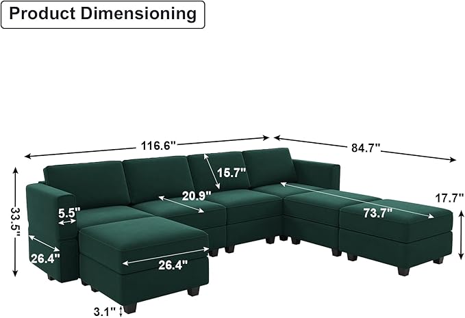 Belffin Modular Sectional Sofa U Shaped Sectional Couch with Reversible Chaises Velvet Modular Sofa with Storage Seat Green