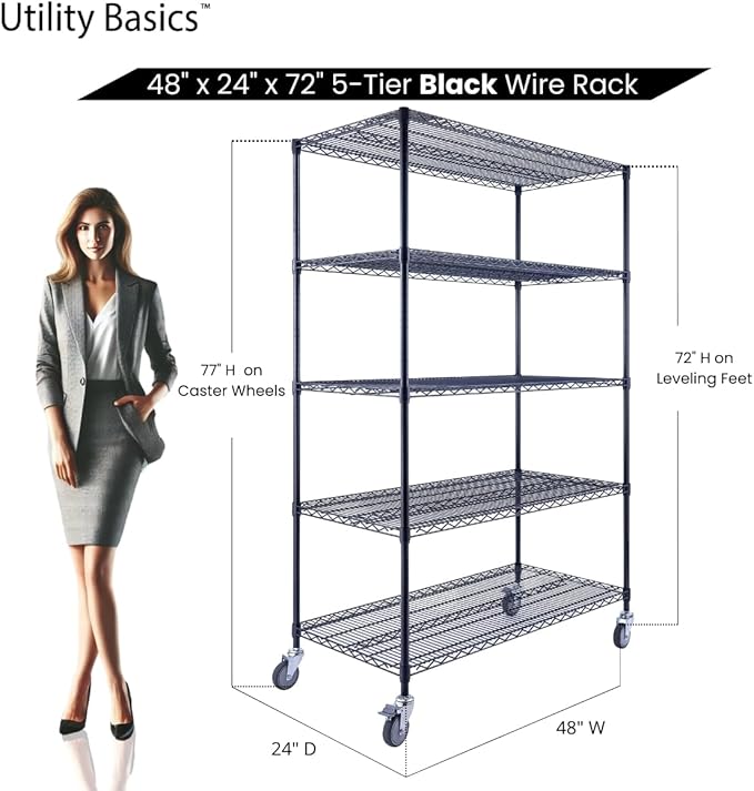 48"x24"x72" Black 5-Tier Premium Wire Shelving NSF 4000 LBS MAX Capacity Heavy Duty Steel Storage Rack for Warehouses, Garages, Hospitals, Commercial Spaces, & Schools w/Premium Wheels