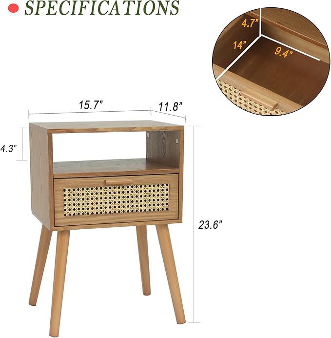 MaxSmeo Mid Century Modern Nightstand with Drawer, Small Nightstand Bedside Table, Rattan Nightstand, Wood End Table for Bedroom, Living Room (Brown)