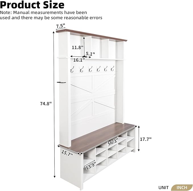 Ball & Cast 4-in-1 Hall Tree with 6 Hooks,Walnut Entryway Bench with Adjustable Shelves,Rustic Shoe Organizer with 16 Open Compartments,for Mudroom,Living Room,Hallway,White