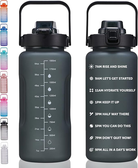 64oz,100oz,128oz Large Motivational Water Bottle with Time Marker, Leakproof & BPA Free Half Gallon Big Water Bottle with Straw Handle Tritan Frosted Water Jug for Gym,Fitness,Outdoor Sports