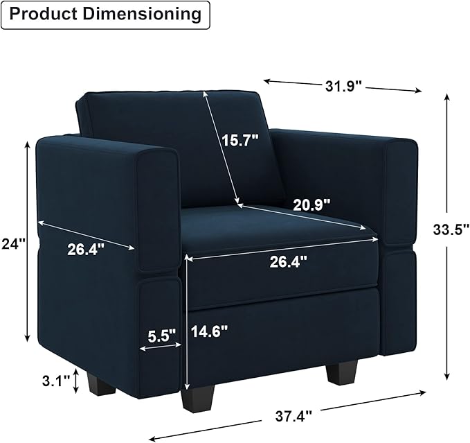 Belffin Modular Sectional Arm Accent Chair with Storage Seat Velvet Armchair Single Sofa Club Chair Blue