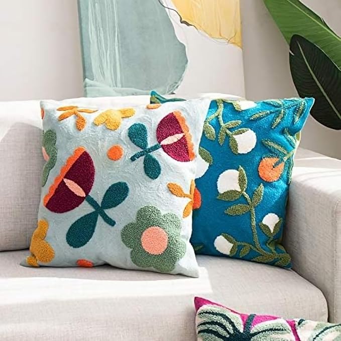 MOCOFO Canvas Embroidered Throw Pillow Cover with Flower Spring Embroidery Craft Modern Simple Sofa Office Pillow Pillow Case (Flower, 18x18’’)