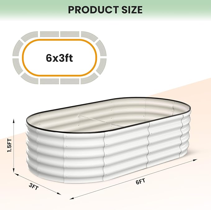 2 Pcs 6x3x1.5ft Oval Raised Garden Bed, Galvanized Raised Beds,Open-Ended Base Metal Raised Planter Beds,Garden Bed Outdoor,Planter Raised Boxes for Vegetables, Flowers,Tool-Free Asse,White