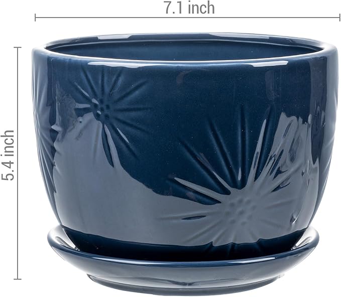 MyGift 7 Inch Round Blue Ceramic Plant Pot with Drainage Hole and Attached Saucer, Modern Decorative Embossed Sunburst Planter Container for Indoor Home Garden