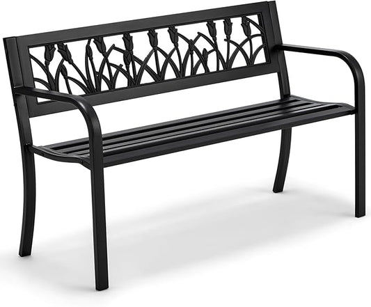 AVAWING Outdoor Bench, 2-Person Garden Benches for Outside, Metal Frame Patio Seating with Floral Pattern Backrest, Armrests for Lawn, Park, Porch, Entryway, Black