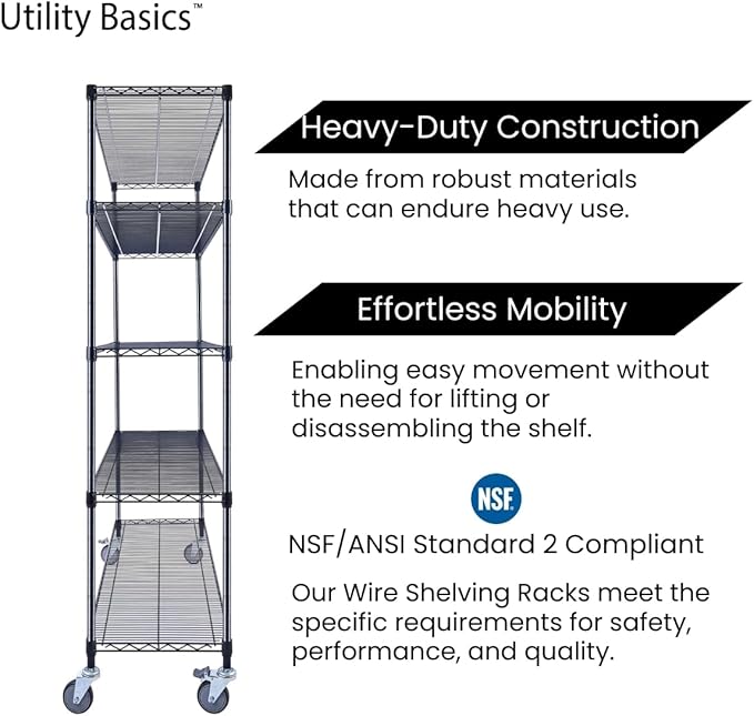 60"x18"x72" Black Premium Metal Steel Wire Shelving 4-Tier NSF 3200 LBS MAX Capacity Heavy Duty Storage Rack for Garages, Commercial Spaces, Hospitals, & Schools w/Premium Wheels