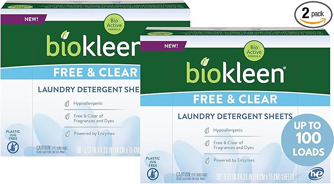 Biokleen Laundry Detergent Sheets (2 PACK) - Free & Clear From Fragrances and Dyes, Hypoallergenic Enzymatic Cleaning - 100 Sheets, 200 Loads