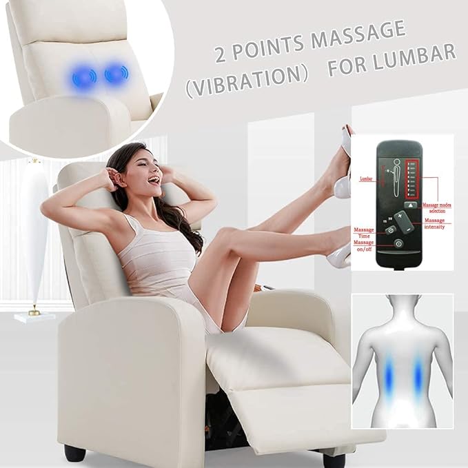 BestMassage | Recliner Chair | with 2 Point Massage Function | Textile Beige | with Lumbar Support, Adjustable Push Back, Footrest & Padded Seat | Easy Assembly | for Living Room, Home Theatre