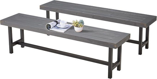 AVAWING Outdoor Wood Benches Set of 2, 63" Patio Wooden Picnic Bench for 6 Persons, Rectangular Bench for Porch, Balcony and Deck,Grey